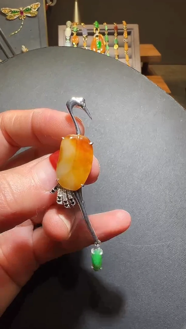 颈饰银S925镶嵌翡翠翡翠仙鹤吊坠