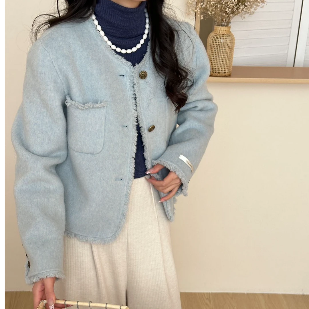 2025女圆领小香风毛呢外套双面羊毛大衣百搭设计师女款高颜值8053