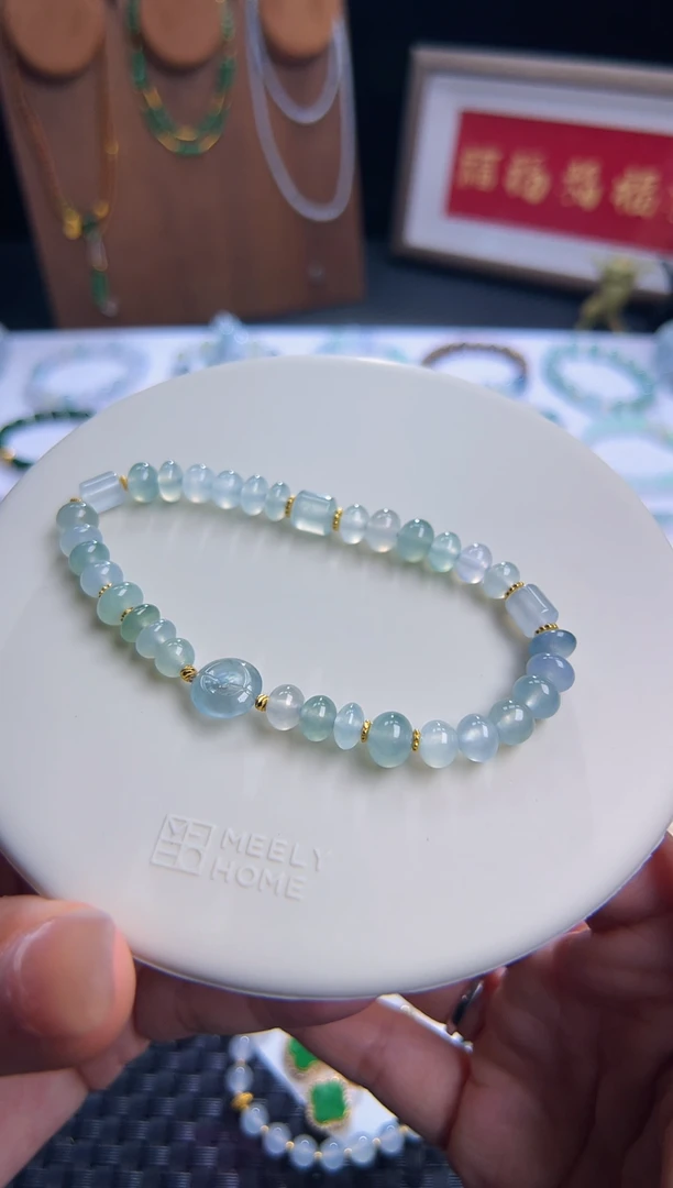 足金镶嵌手串翡翠高冰莫兰迪色系设计款!卡6高冰鼓珠！高货巨漏！