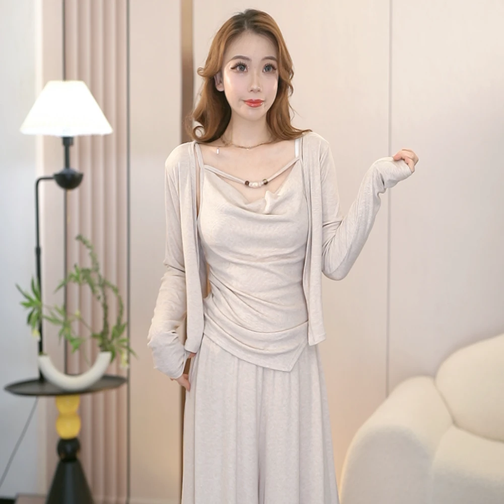 休闲套装女秋季新款开衫长袖高腰拖地裙裤显瘦气质三件套YX815-4