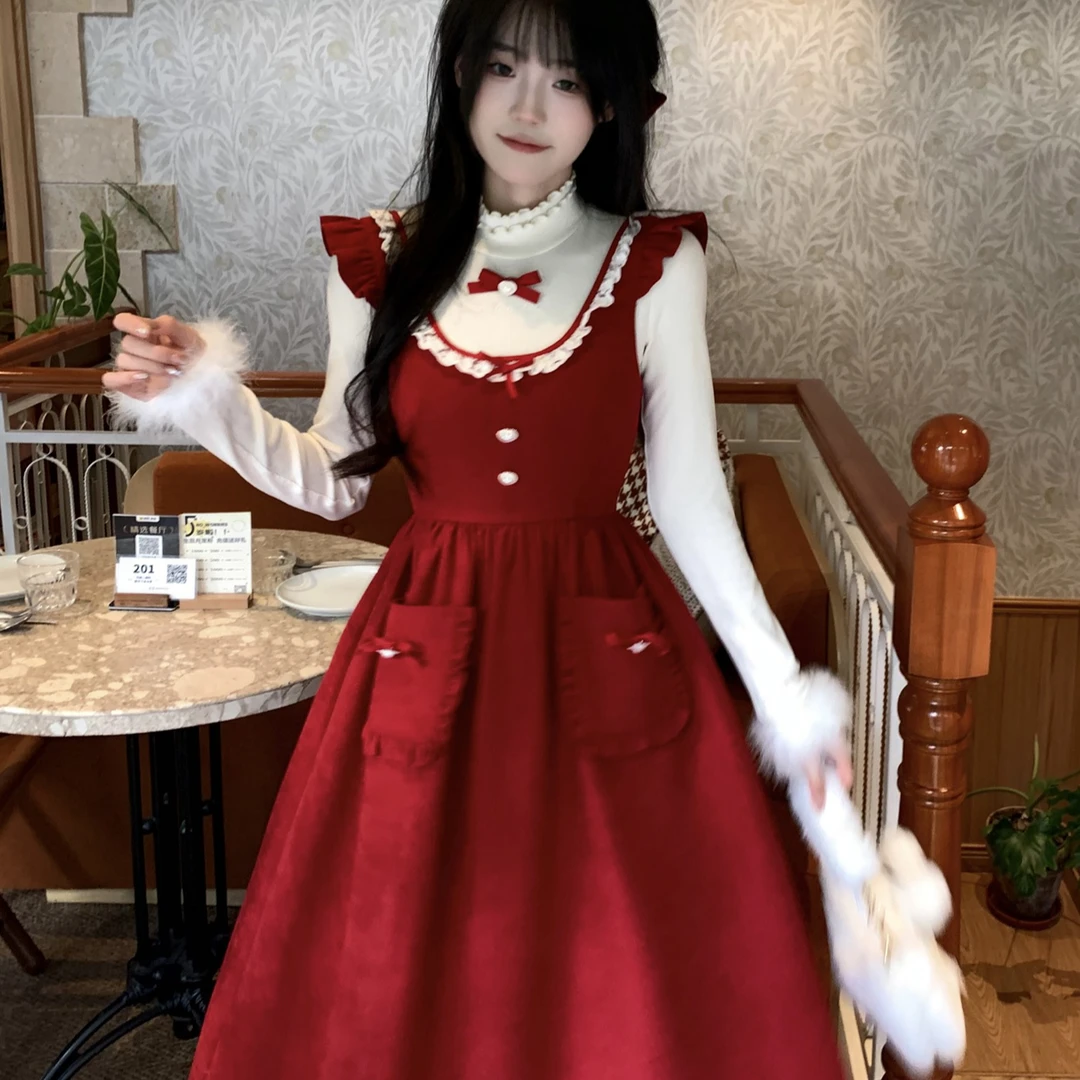 Blovelan雪夜星梦 复古甜美显白节日氛围红蝴蝶结磨毛背带连衣裙