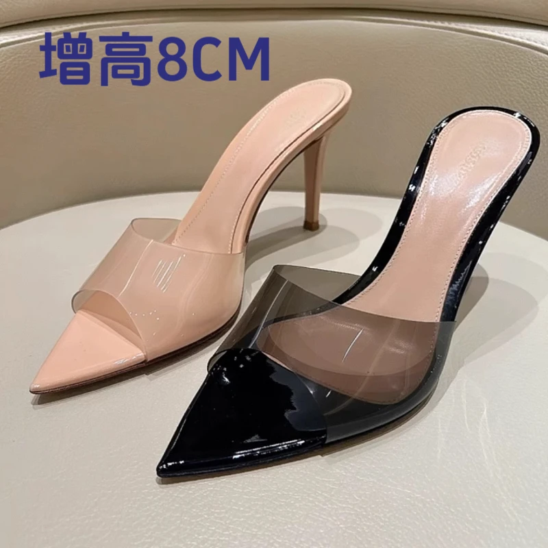 2025夏新款女外穿透明高跟凉拖鞋时尚细跟尖头半托高跟一字带时尚