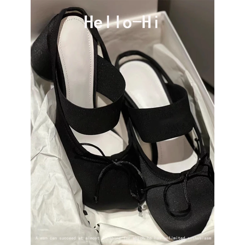 羊皮版~蝴蝶结包头女2025新款粗跟设计感小众高跟鞋玛丽珍凉拖