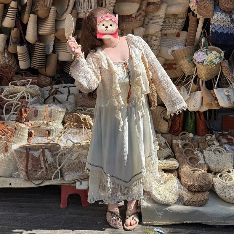 2025新款大码民族风精致蕾丝裙贝壳织带流苏吊带裙胖mm显瘦套装