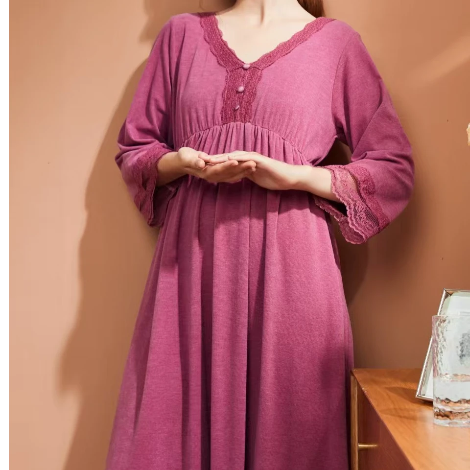 云暖绒女士V领蕾丝睡裙睡衣女款爆款2025新款长袖中长款秋冬显瘦