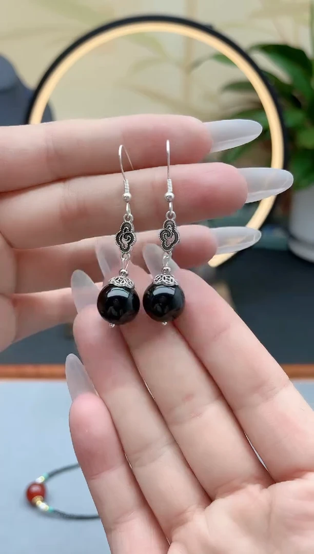 黑曜岩银S925镶嵌耳饰207