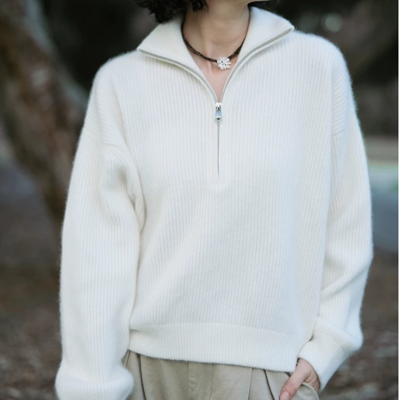 100%纯山羊绒元宝针加厚半拉链高领针织羊绒衫女士百搭针织衫