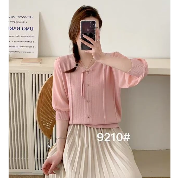 鱼骨五分袖钻扣春夏季薄款宽松内搭针织衫女毛衣B750