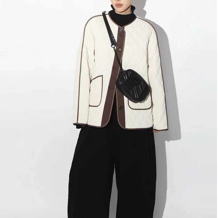 2025褶皱折感棉服复古冬季菱格宽松圆领夹克外套女