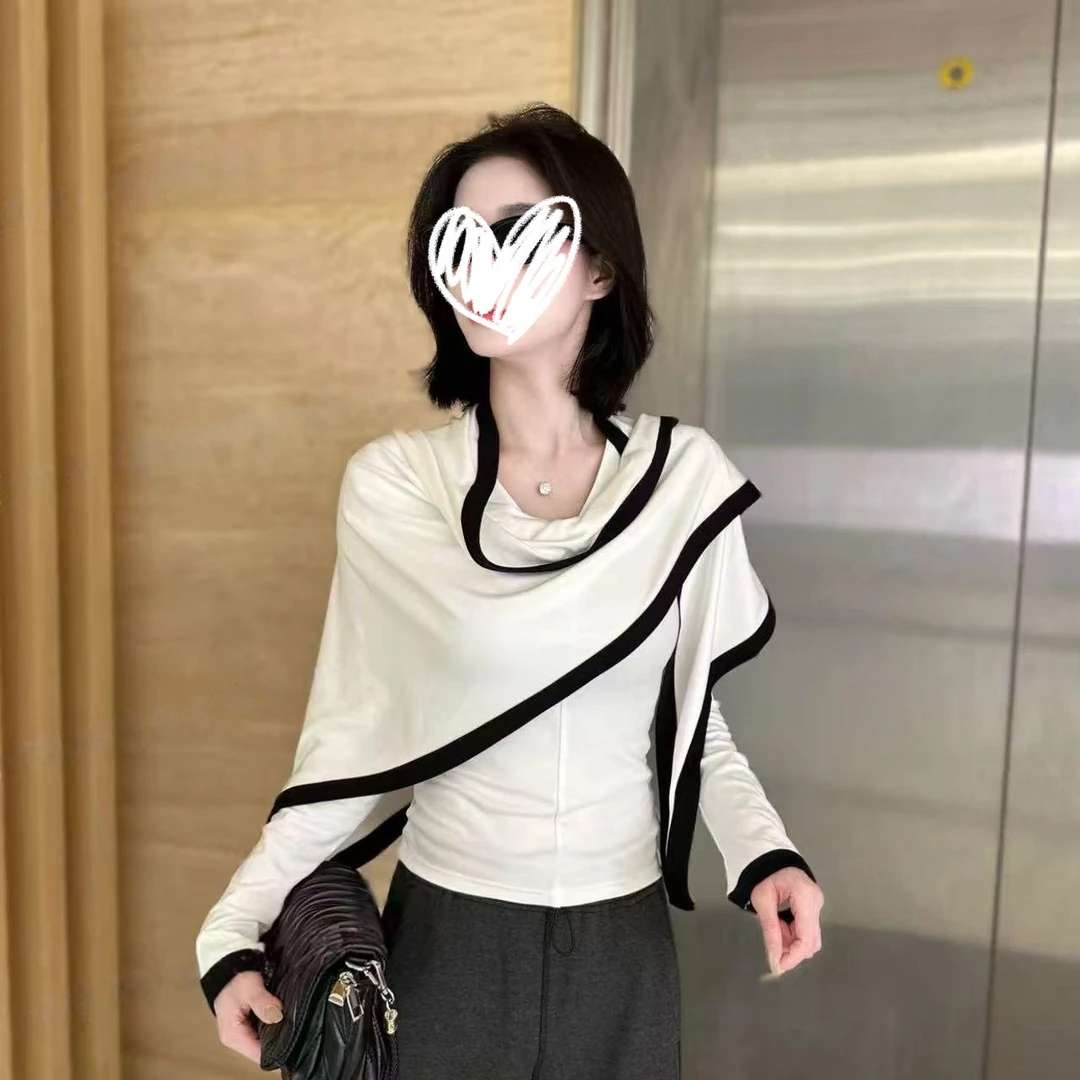 2025早秋新款正肩三角形披肩V领长袖修身两件套显瘦T恤女
