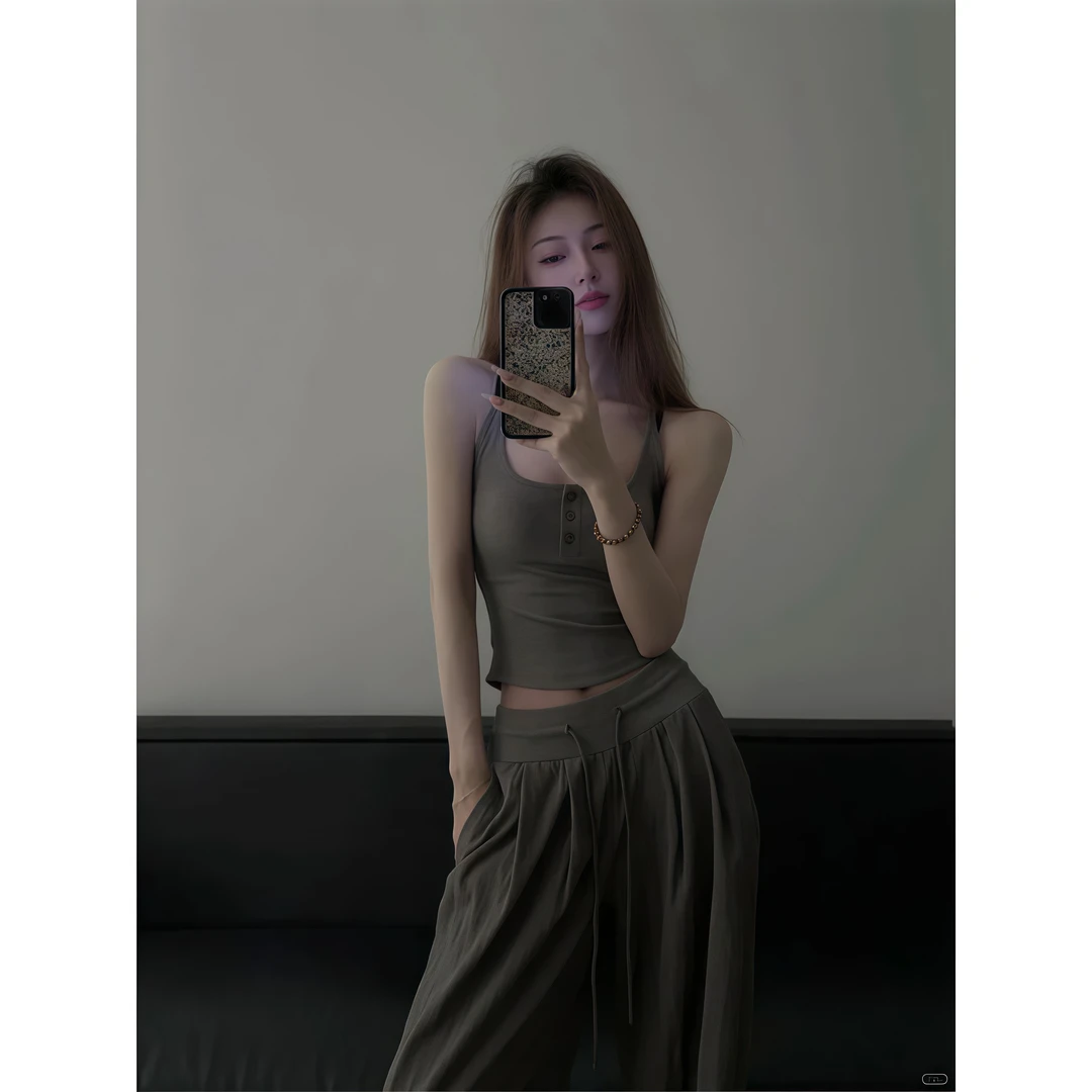 纯欲风夏季辣妹两件套装修身显瘦百搭洋气U领吊带背心直筒阔腿裤