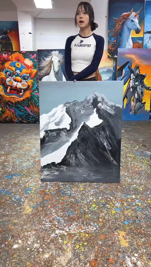 丙烯画大树老师小雪山加框