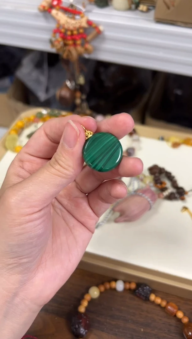 银S925镶嵌孔雀石项链孔雀石圆牌银吊坠[2550]