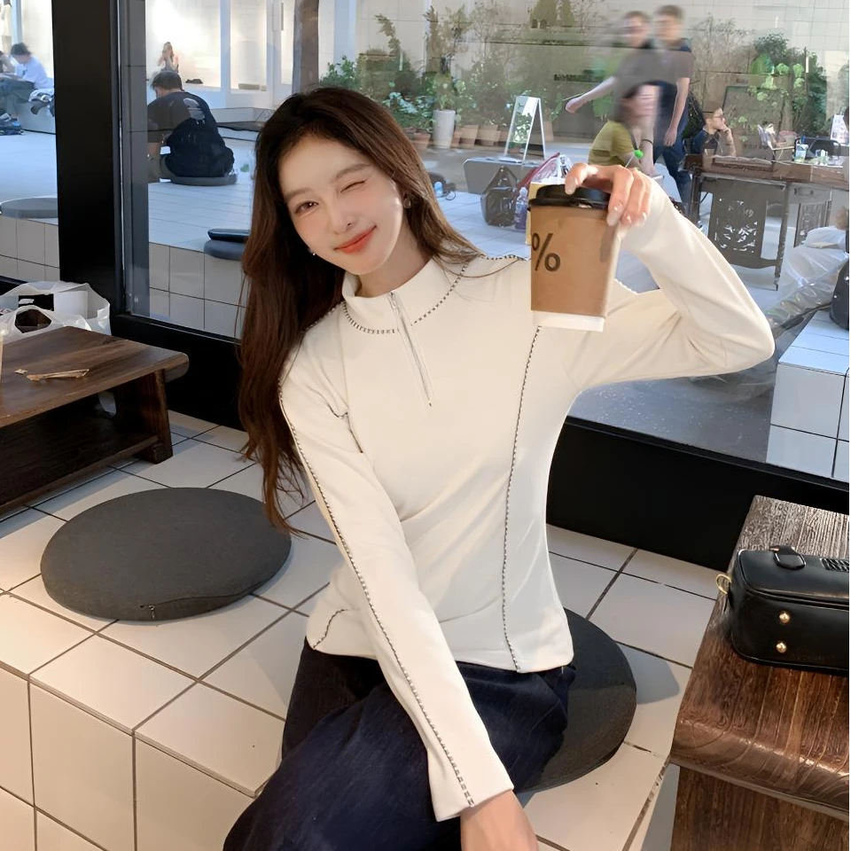 韩式半拉链撞色打底衫显瘦修身秋冬温婉风长袖运动休闲