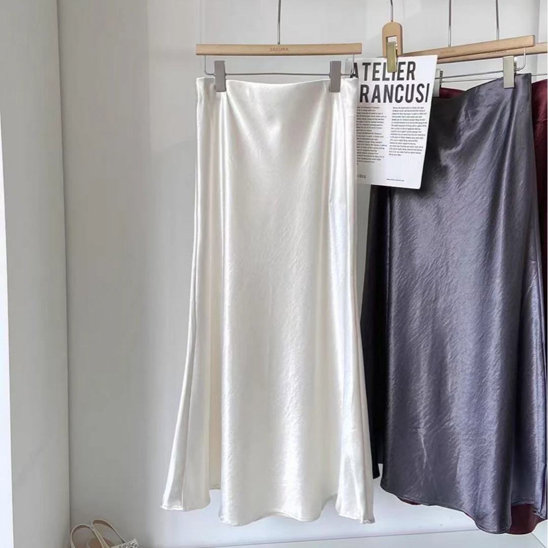 【奢华】春季新款韩版气质丝滑缎面高腰遮跨粉色a字中长裙半身裙