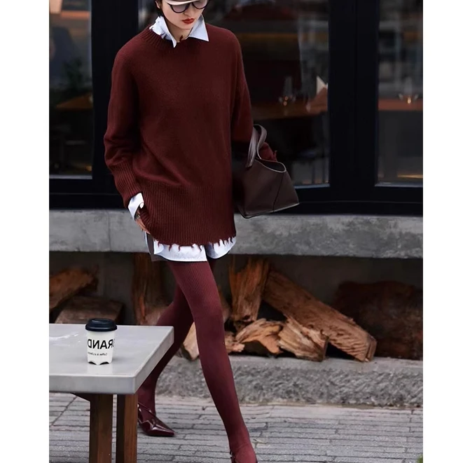 秋冬安可拉红针织衫女小众设计高级感复古宽松慵懒百搭时尚毛衣衫