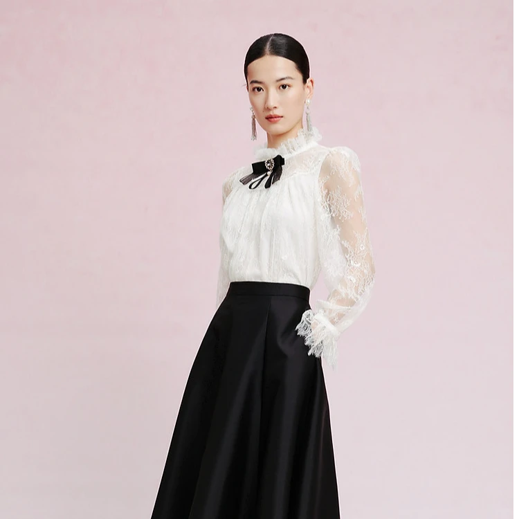 【晨粉专享价】蝴蝶结蕾丝长袖气质衬衫衬衣上衣女内搭