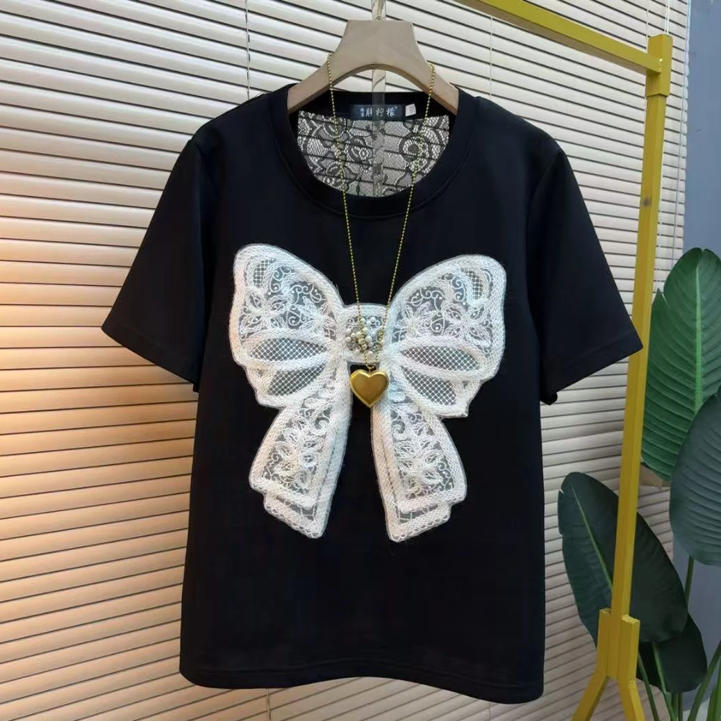 胖妹妹时尚气质显瘦遮肉减龄蝴蝶结百搭韩版9266宽松网红半袖