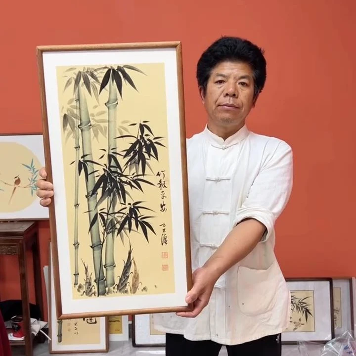 张富民作品/竹报平安（乌檀木实木框）（竖版）/36*69厘米左右