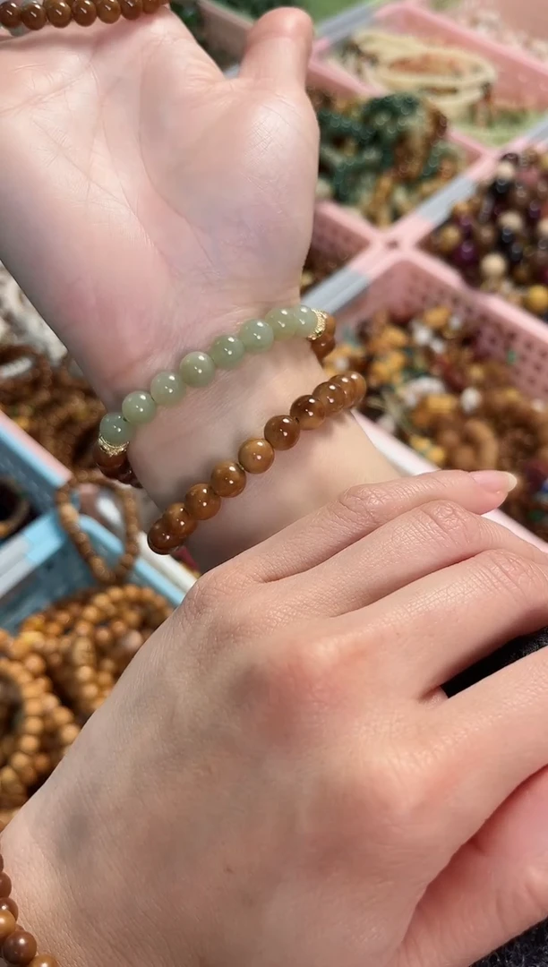 【闪购商品】和田玉（糖玉）手串未镶嵌库克圆珠8mm双圈搭配和田玉