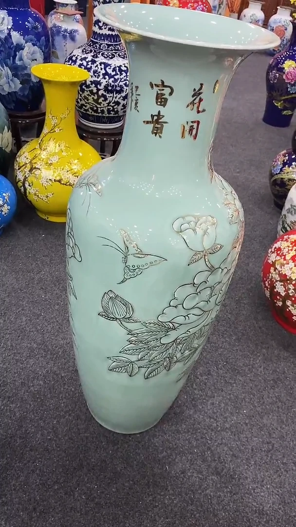 摆件描金立体雕刻花开富贵高93CM落地花瓶+底座