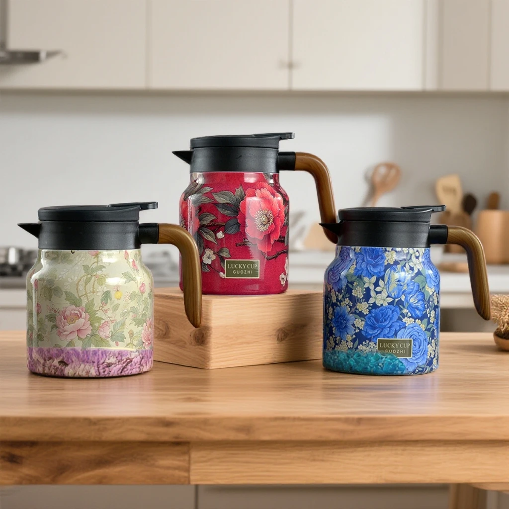 过滤复古花卉不锈钢保温壶简约花纹焖茶壶家用茶水分离闷茶大容量