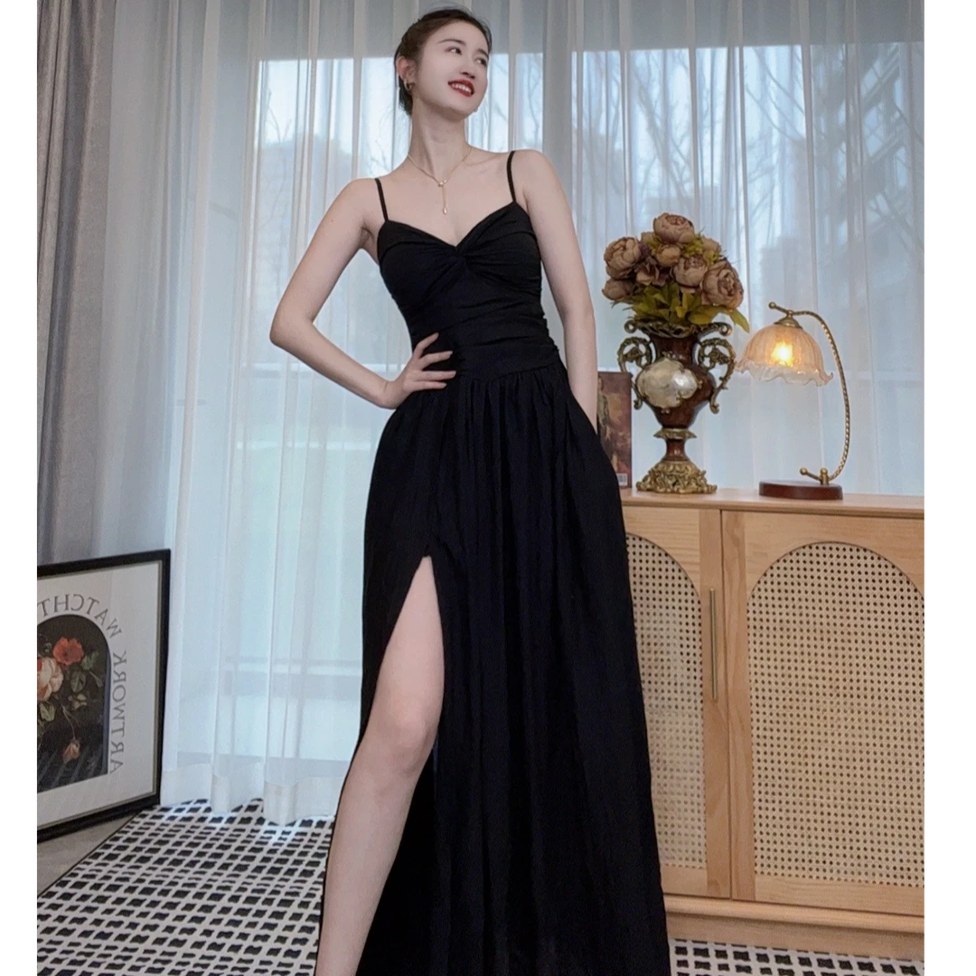 【杨嬷嬷】现货法式气质显瘦开衩连衣裙夏季性感女装连衣裙