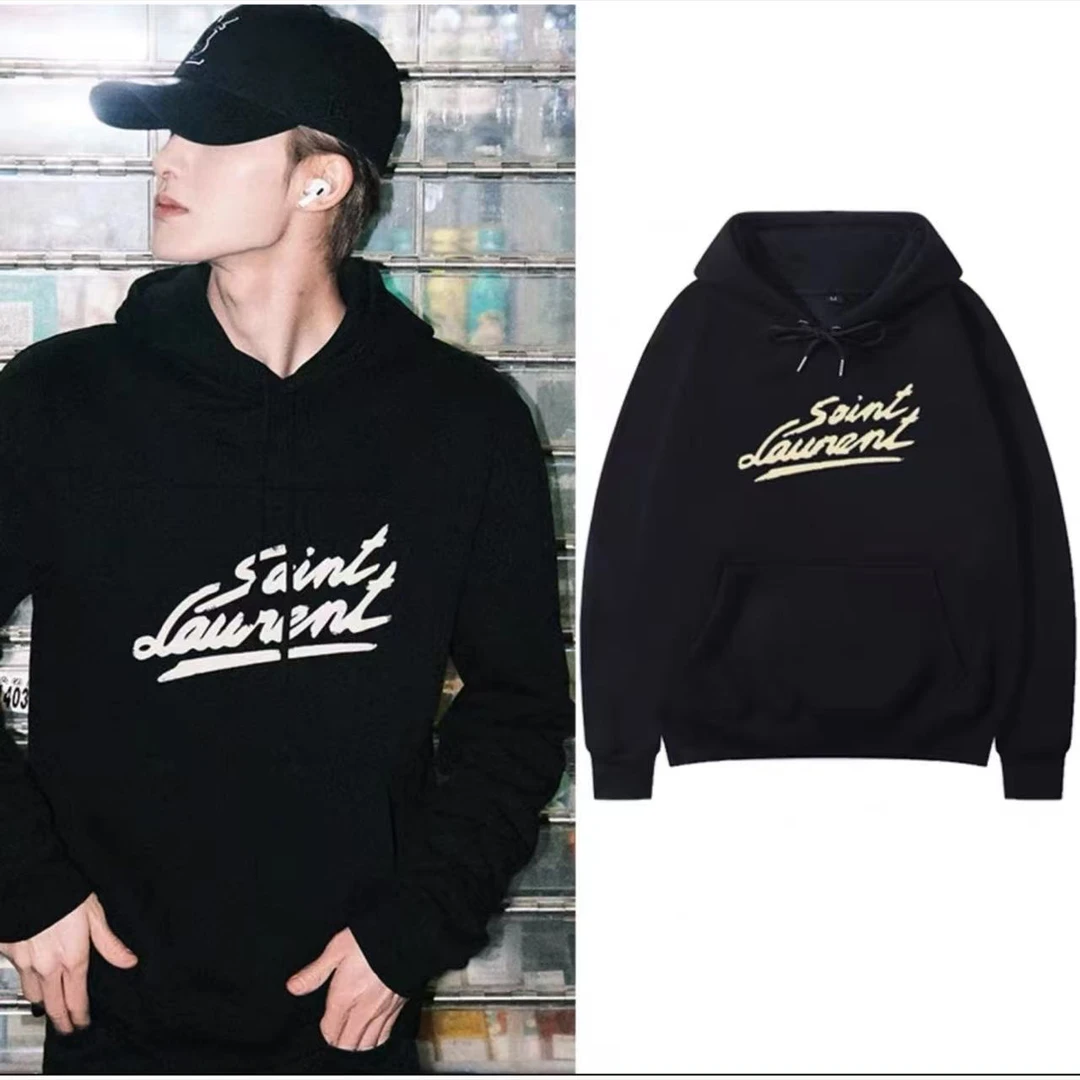 未使用 YSL/圣罗兰  Logo印花抽绳连帽卫衣