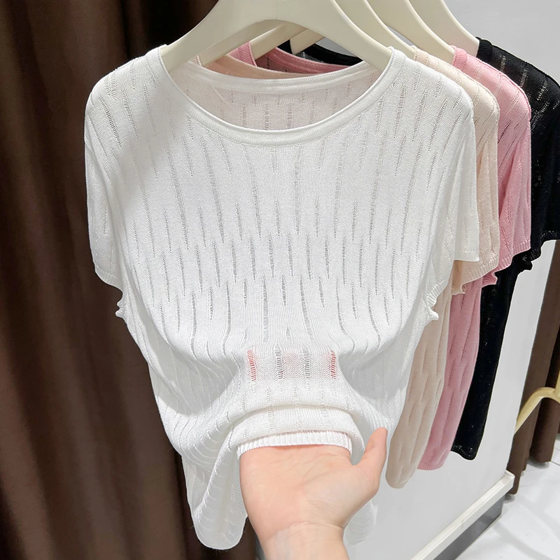 薄款圆领镂空针织短袖上衣2025新款轻薄透气打底衫设计感小众女装