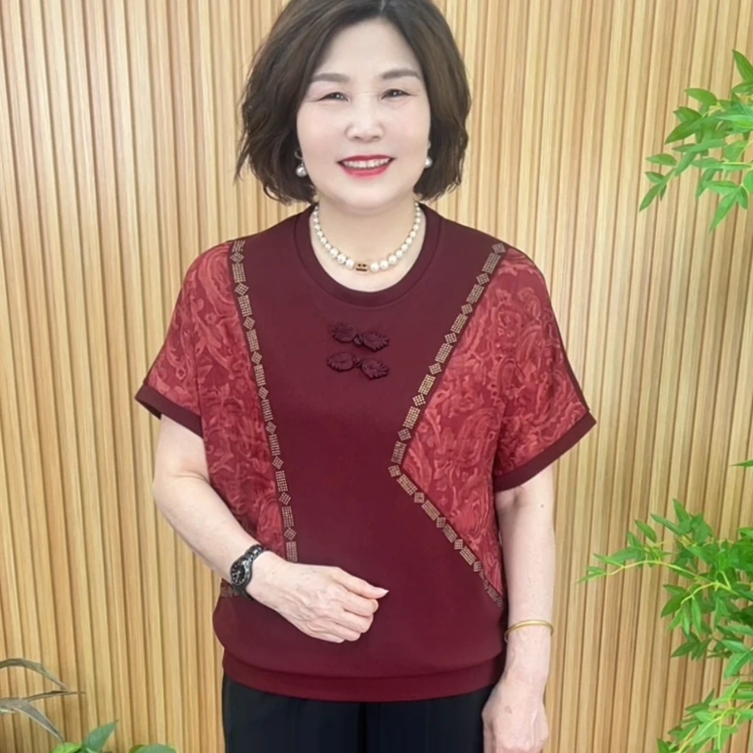 宽松型国风印花拼接休闲风短袖T恤气质夏季宽松中年V8869