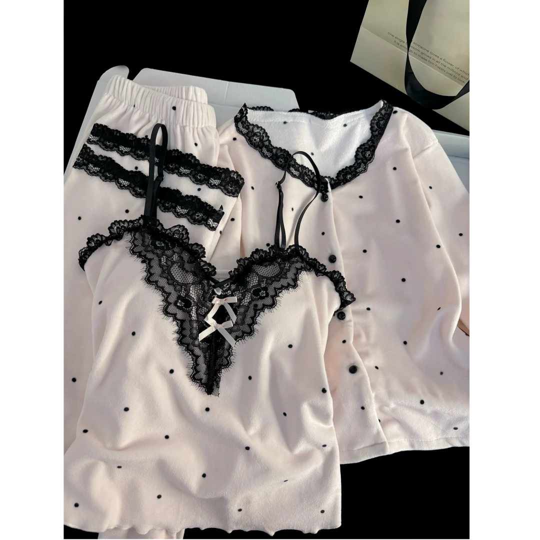 【嗲嗲蕾丝】法式甜美波点海岛绒秋冬睡衣女舒适纯欲蕾丝家居服套装