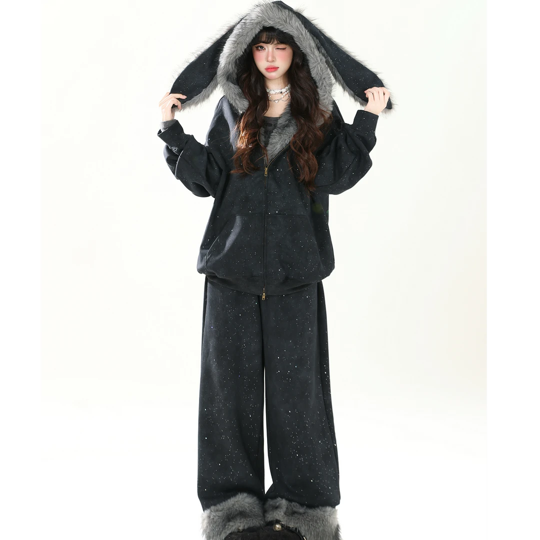 满天星毛绒兔耳连帽卫衣套装女加绒秋冬保暖宽松慵懒两件套