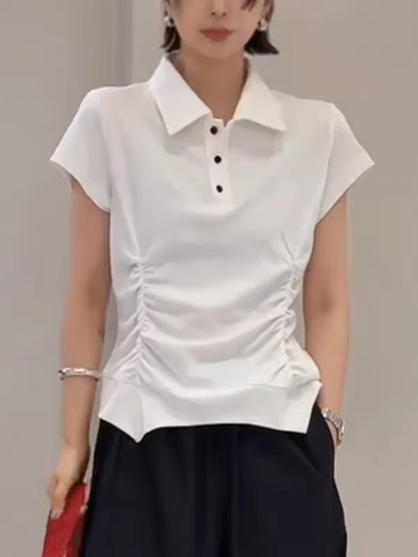 1529#褶皱收腰显瘦Polo领短袖T恤夏季新款休闲简约百搭韩版上衣