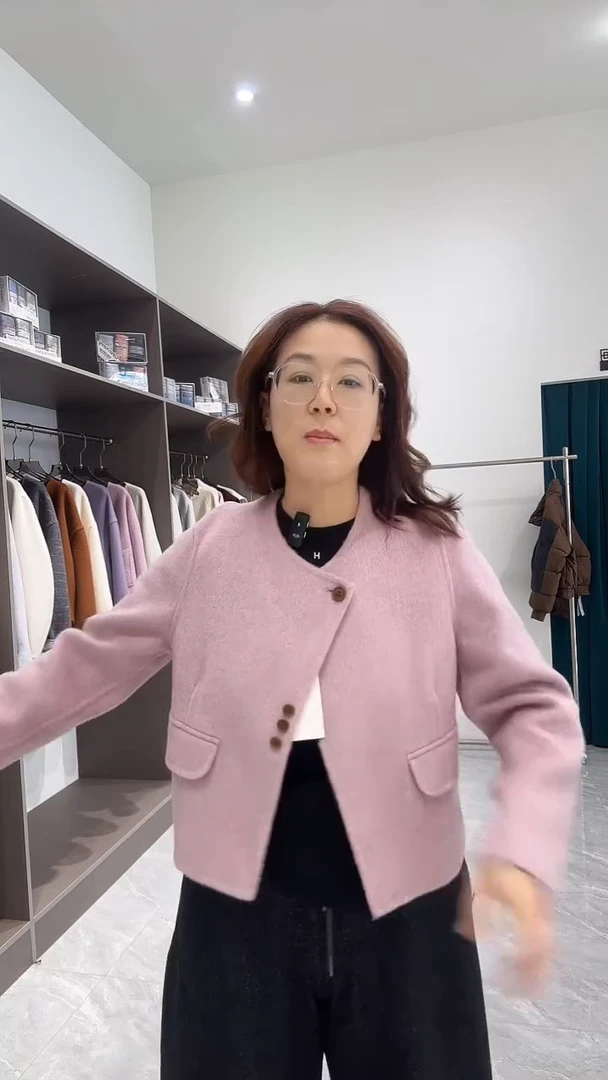 A 009双面羊毛双面尼大衣女短款韩国圆领小香风外套斜三扣粉色