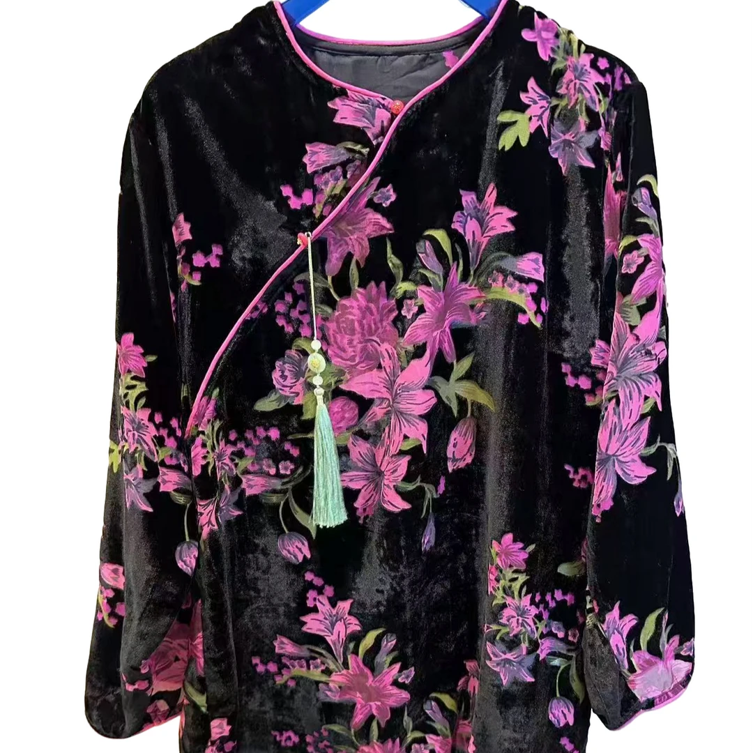 1867#新款冬季国风烧花丝绒长袖时尚百搭气质显瘦宽松ins女士上衣