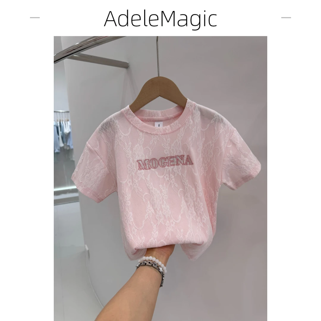【陈思晨】蕾丝拼接时尚短袖t恤男女装夏季洋气百搭字母刺绣上衣