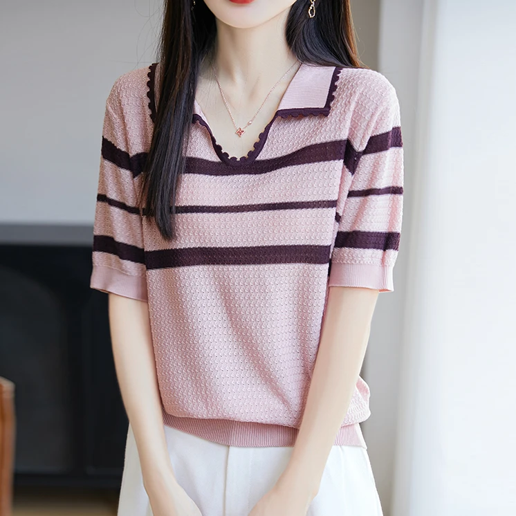 哥弟阿玛施正品翻领显瘦女士夏季V领上衣针织衫薄款百搭洋气T恤