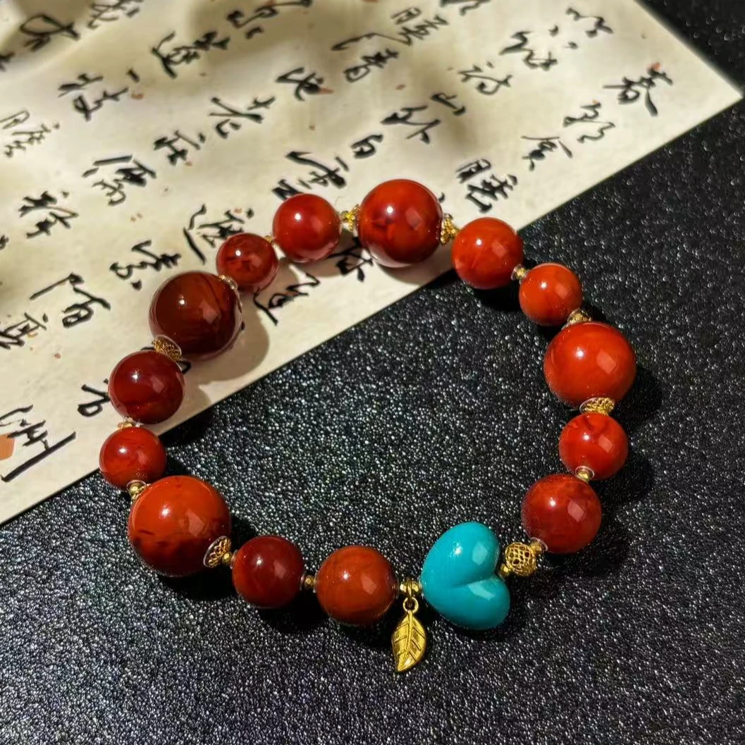 鑫上人珠宝.18k金南红原矿火焰纹手串圆珠国潮单圈.多样发其一