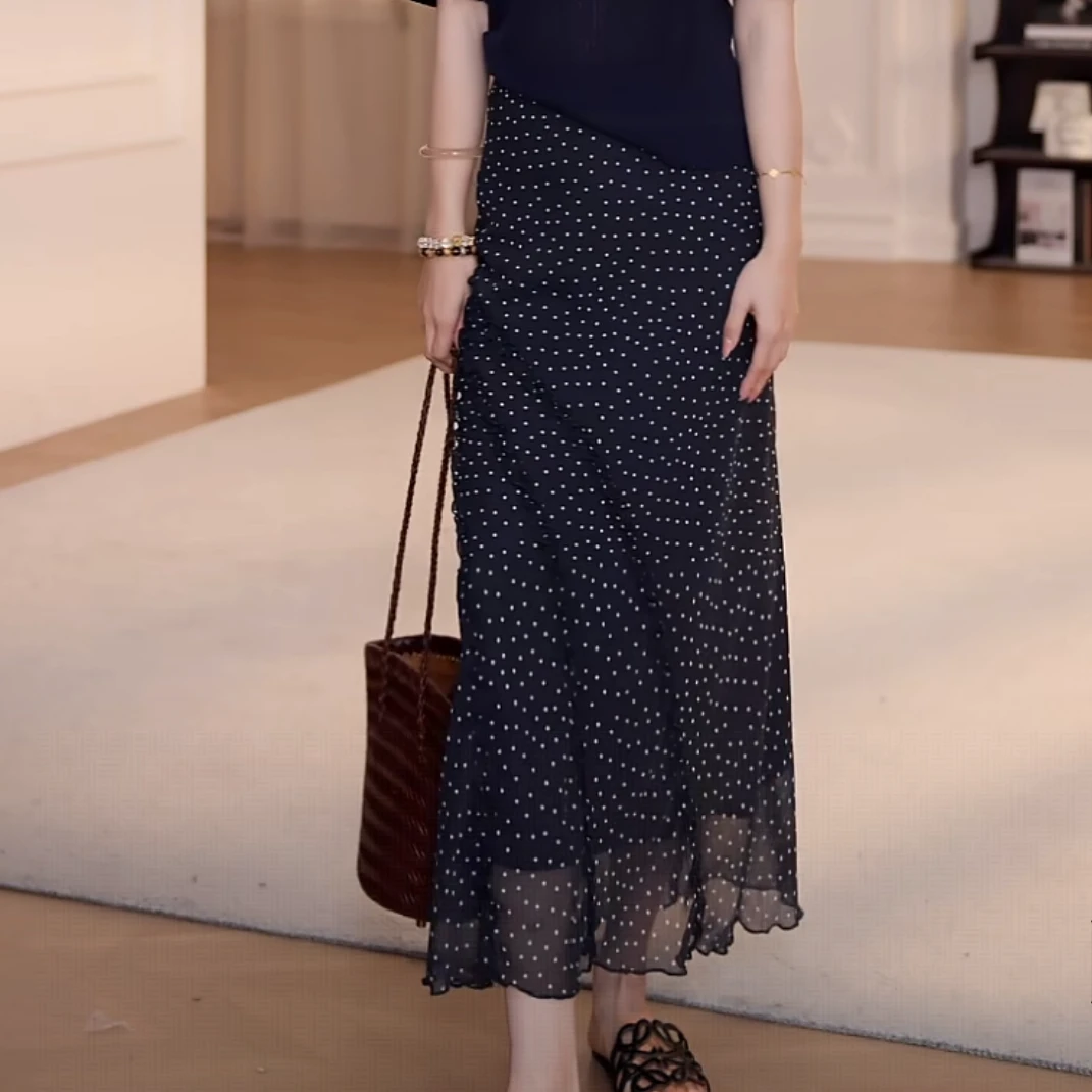 橡筋松紧腰波点斜花边网纱半身裙2025夏季新款显瘦设计感法式裙子