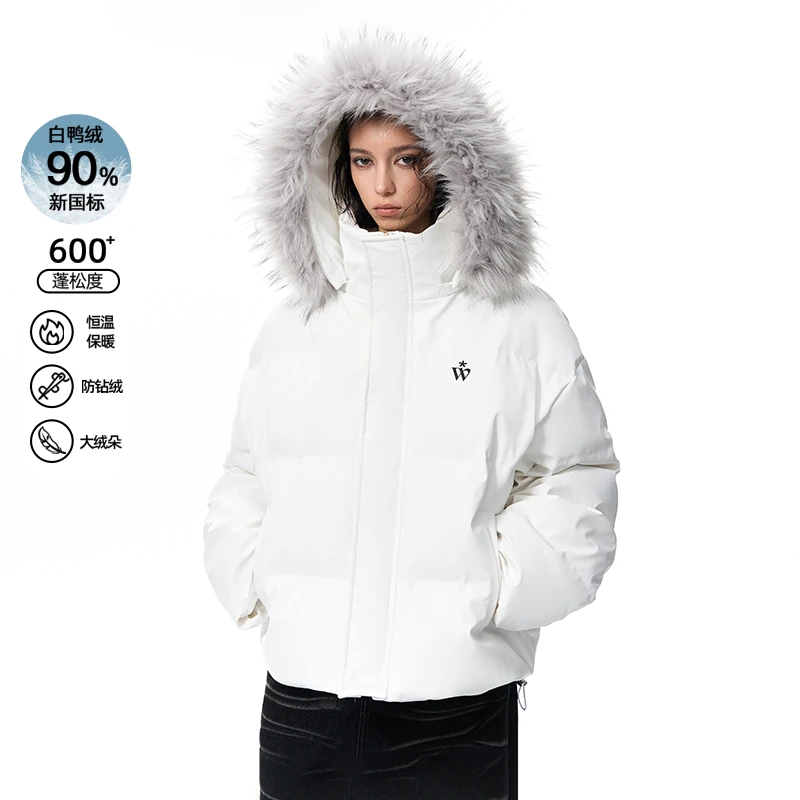 WORKSOUT连帽毛领皮革羽绒服派克服美式复古冬季男女外套