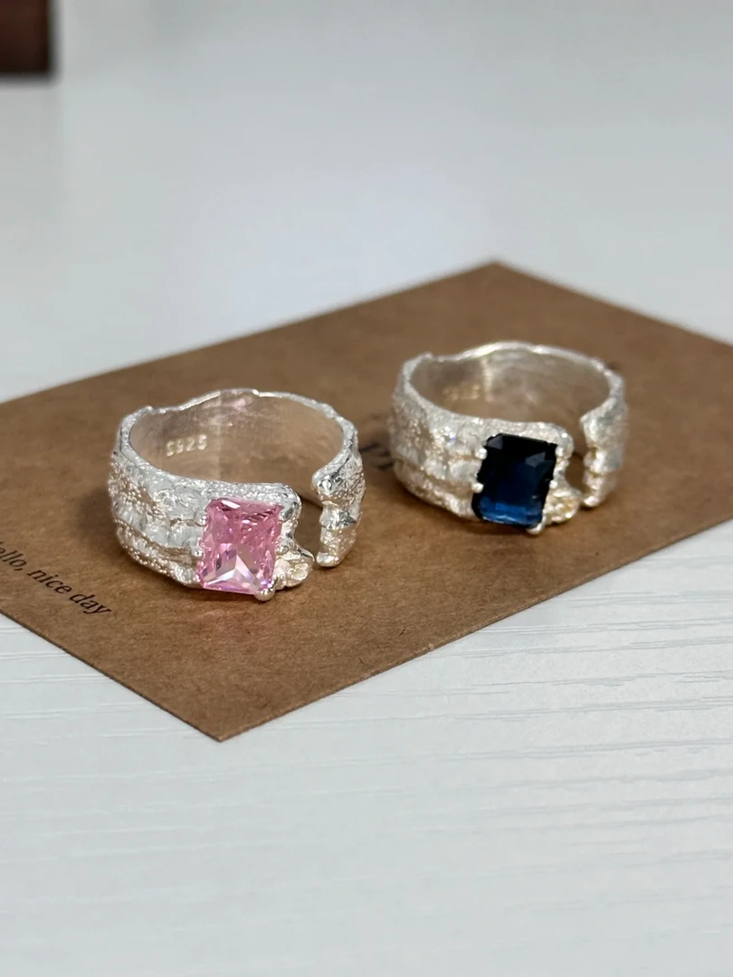 925银锆石戒指 【蓝粉知己】不规则肌理粉蓝锆石开口戒指个性小众