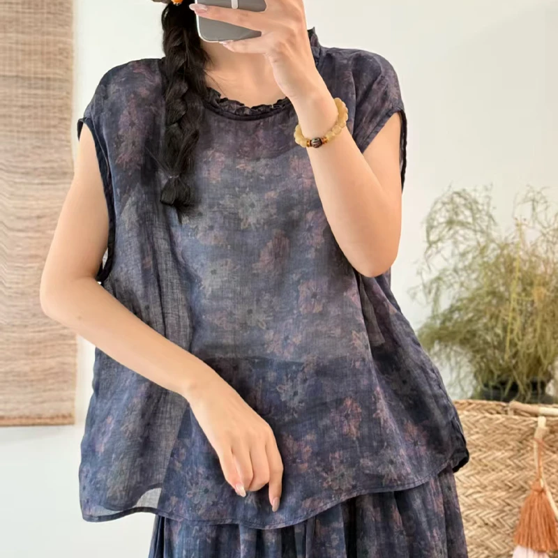 （复古印花苎麻无袖上衣）2533夏季文艺民族风气质木耳边衬衫W