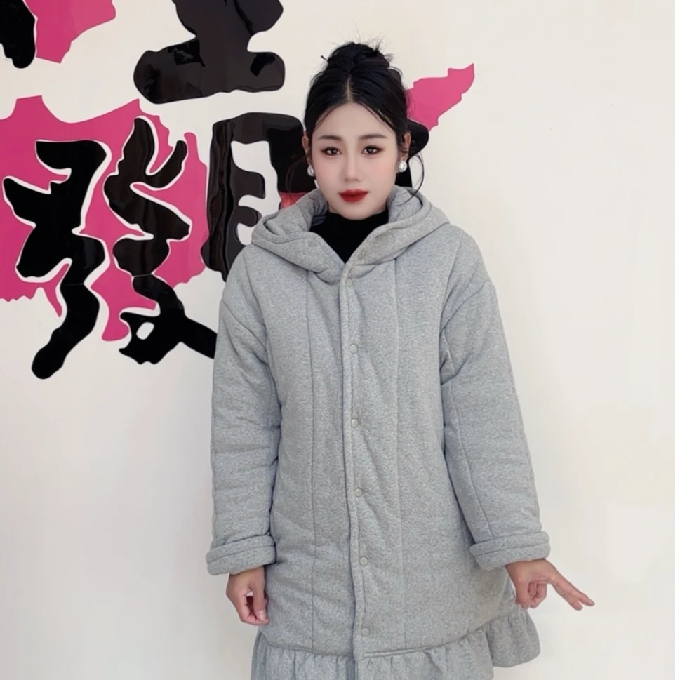 新疆棉花连帽中长款裙摆宽松保暖家居服