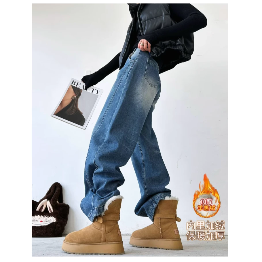 猫猫家加长女裤秋冬加绒加厚蓝色弯刀牛仔裤美式阔腿香蕉裤5827