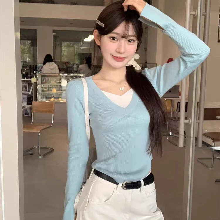 歌幂蓝色V领套头针织衫女春季假两件修身显瘦高级洋气短款AA6213