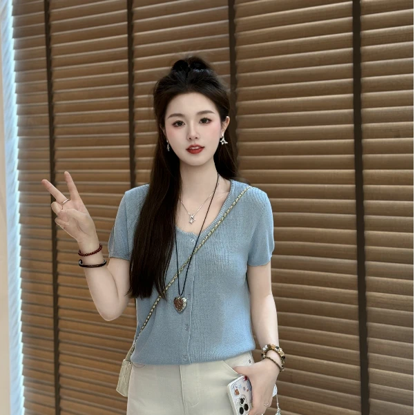 宿慕SUMU夏季纯色单排扣短袖针织衣服新款薄款百搭显瘦上衣女装