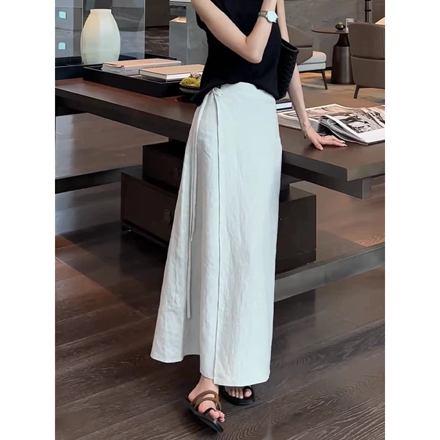白色系带气质宽松休闲字裙女年夏季新款高腰薄款百搭长裙子