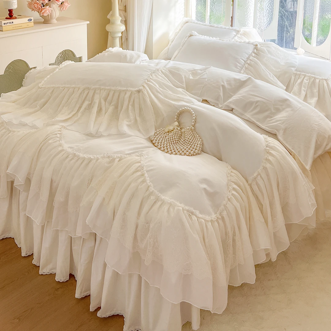 法式仙女公主风白色全棉床上四件套纯棉浪漫蕾丝花边被套少女床裙
