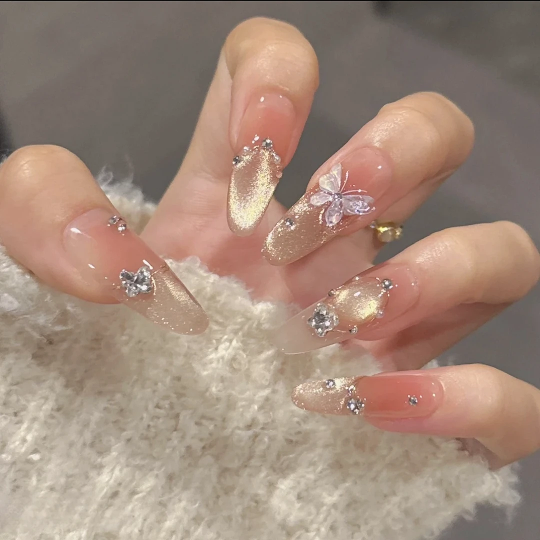 【星辰女神】 金色猫眼蝴蝶显白手工穿戴甲美甲贴片