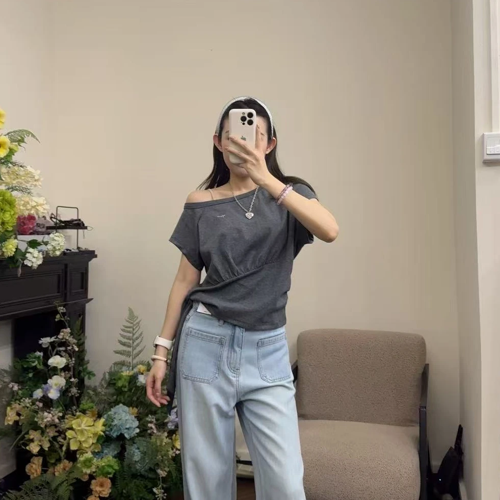 设计感宽松侧边系带斜肩短袖T恤#930